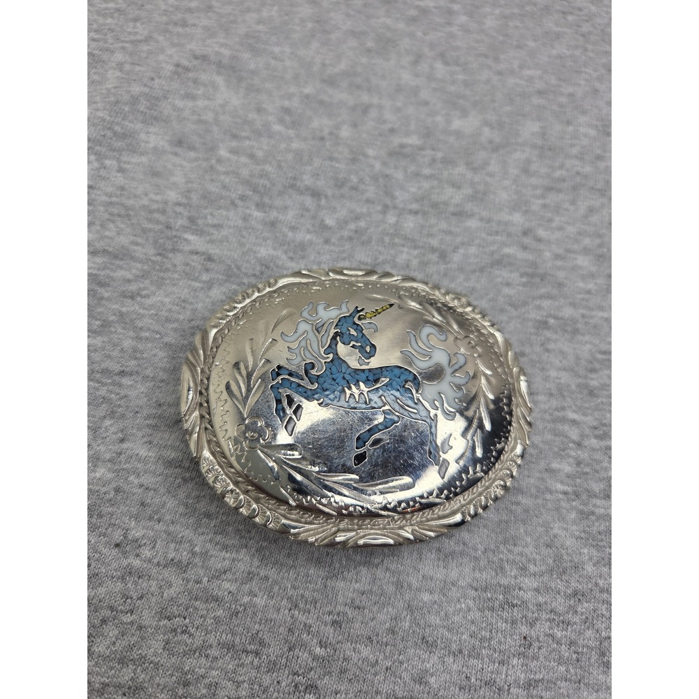 Vintage Handmade Womens Unicorn Inlay Silver Belt Buckle Blue